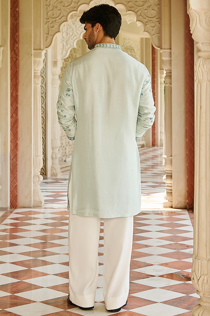 Pale Green Slub Silk Floral Embroidered Kurta Set by Contrast By Parth at Pernia's Pop Up Shop