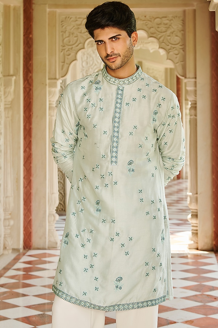Pale Green Slub Silk Floral Embroidered Kurta Set by Contrast By Parth at Pernia's Pop Up Shop