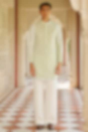 Light Green Slub Silk Embroidered Kurta Set by Contrast By Parth