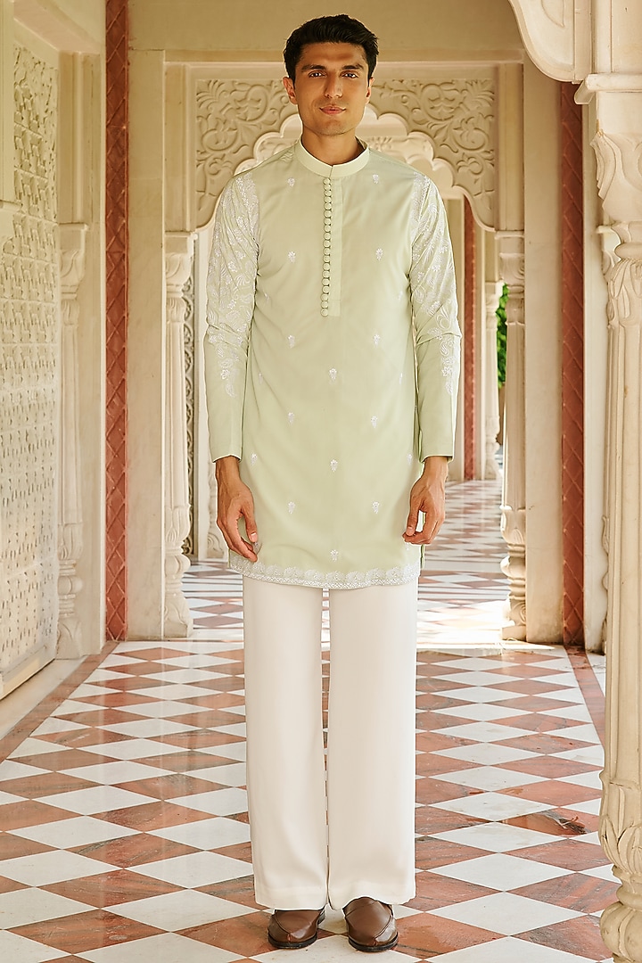 Light Green Slub Silk Embroidered Kurta Set by Contrast By Parth