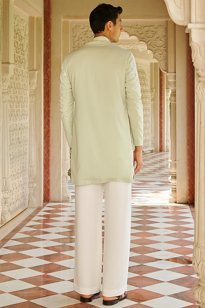 Light Green Slub Silk Embroidered Kurta Set by Contrast By Parth at Pernia's Pop Up Shop
