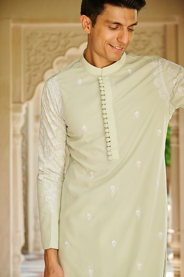 Light Green Slub Silk Embroidered Kurta Set by Contrast By Parth at Pernia's Pop Up Shop
