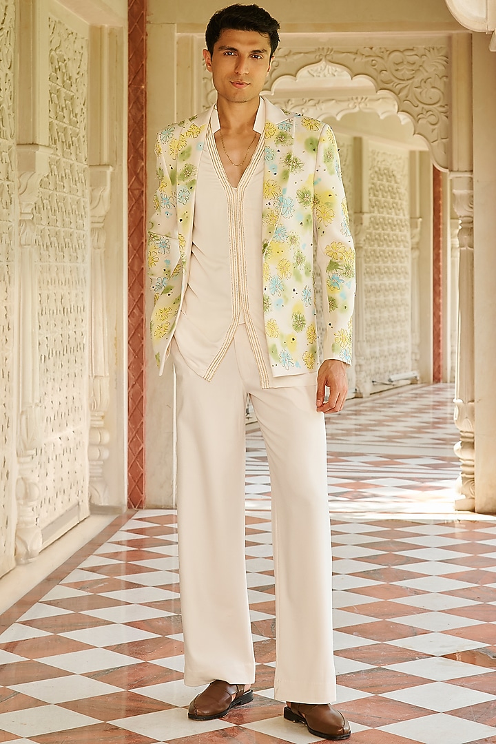Ivory Twill Suiting Handpainted & Embroidered Bandhgala Jacket Set by Contrast By Parth
