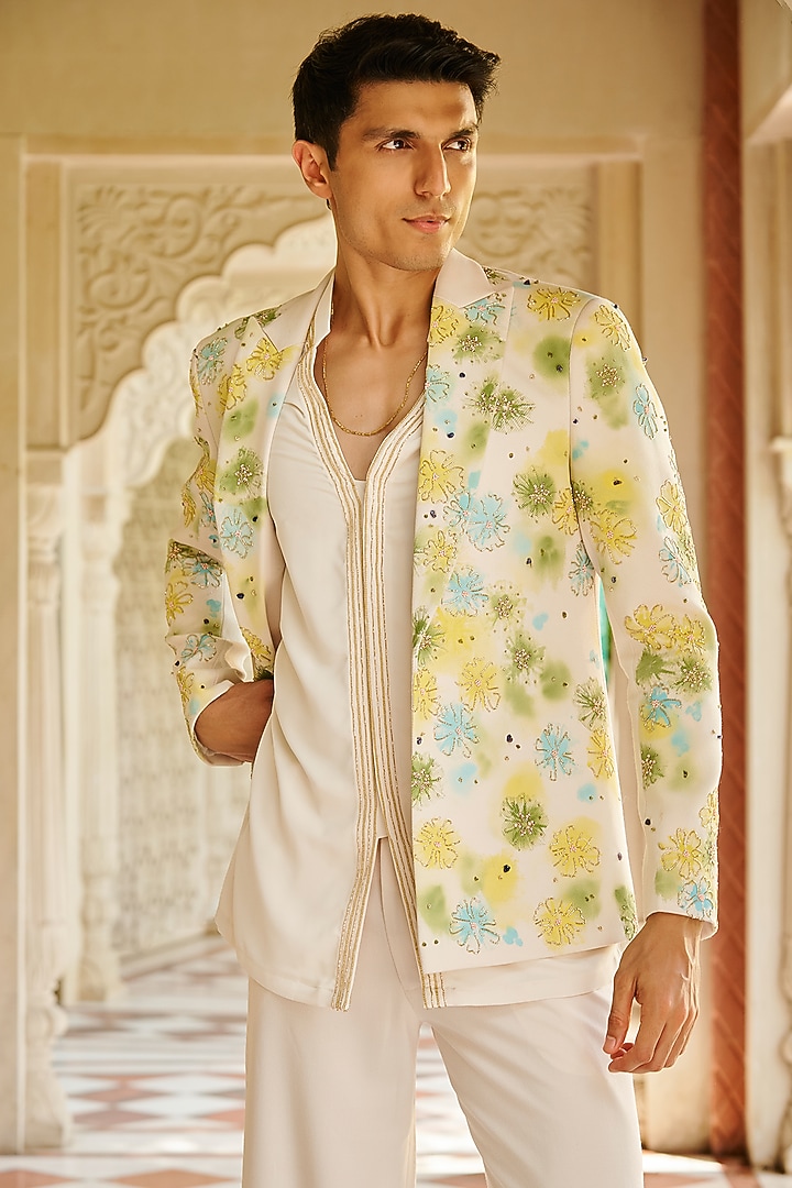 Ivory Twill Suiting Hand Painted & Embroidered Blazer Set by Contrast By Parth at Pernia's Pop Up Shop