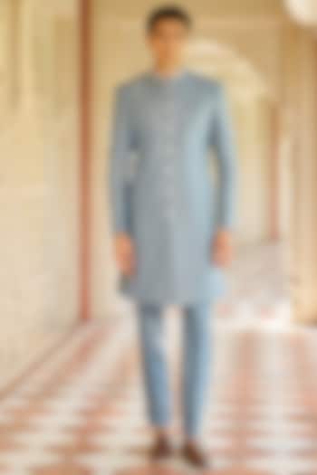 Denim Blue Jacquard Silk Embroidered Sherwani Set by Contrast By Parth