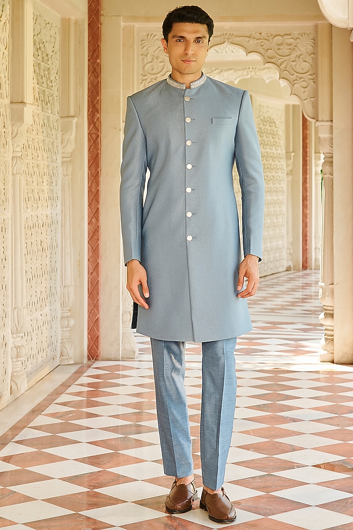 Denim Blue Jacquard Silk Embroidered Sherwani Set by Contrast By Parth