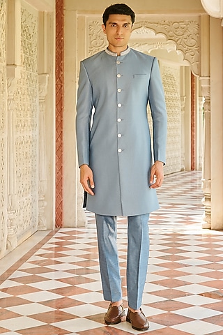 Denim Blue Jacquard Silk Embroidered Sherwani Set by Contrast By Parth