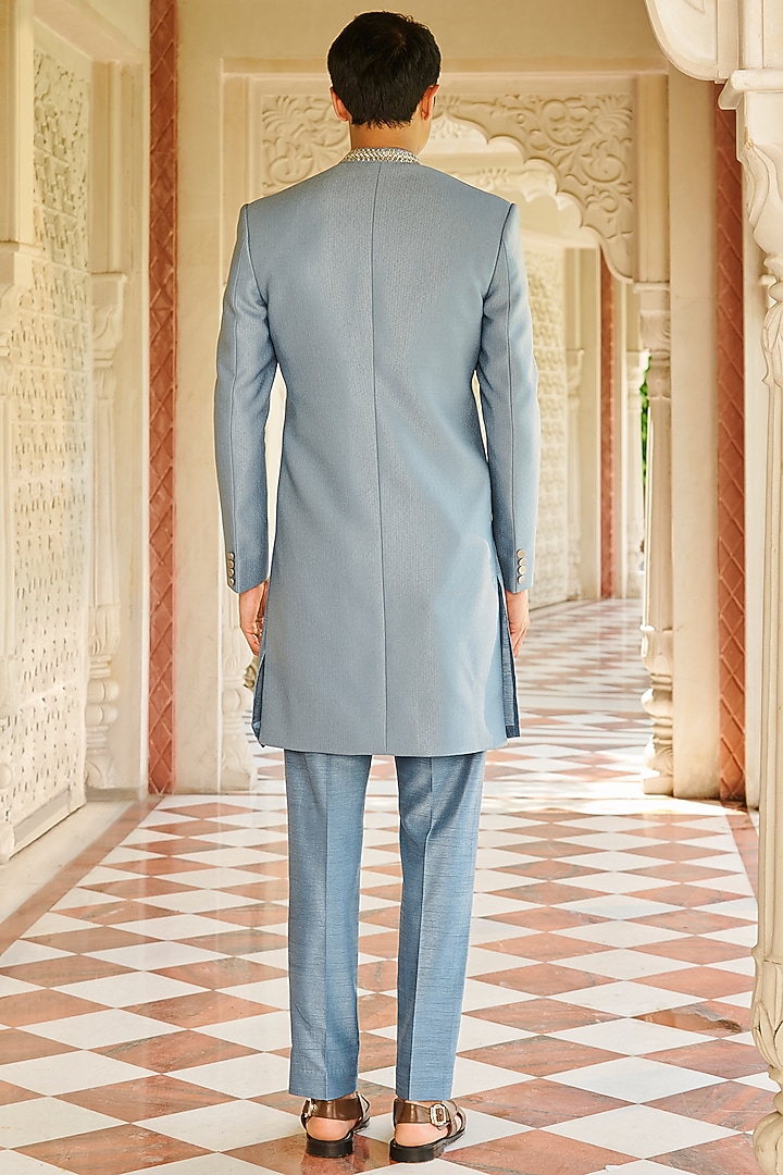 Denim Blue Jacquard Silk Embroidered Wedding Sherwani Set by Contrast By Parth at Pernia's Pop Up Shop