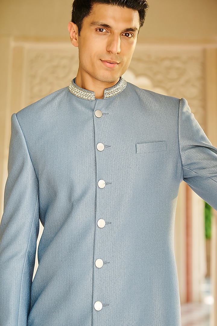 Denim Blue Jacquard Silk Embroidered Wedding Sherwani Set by Contrast By Parth at Pernia's Pop Up Shop
