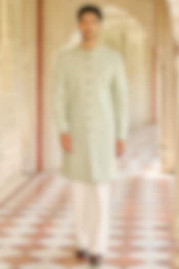 Pastel Green Jacquard Silk Hand Embroidered Sherwani Set by Contrast By Parth