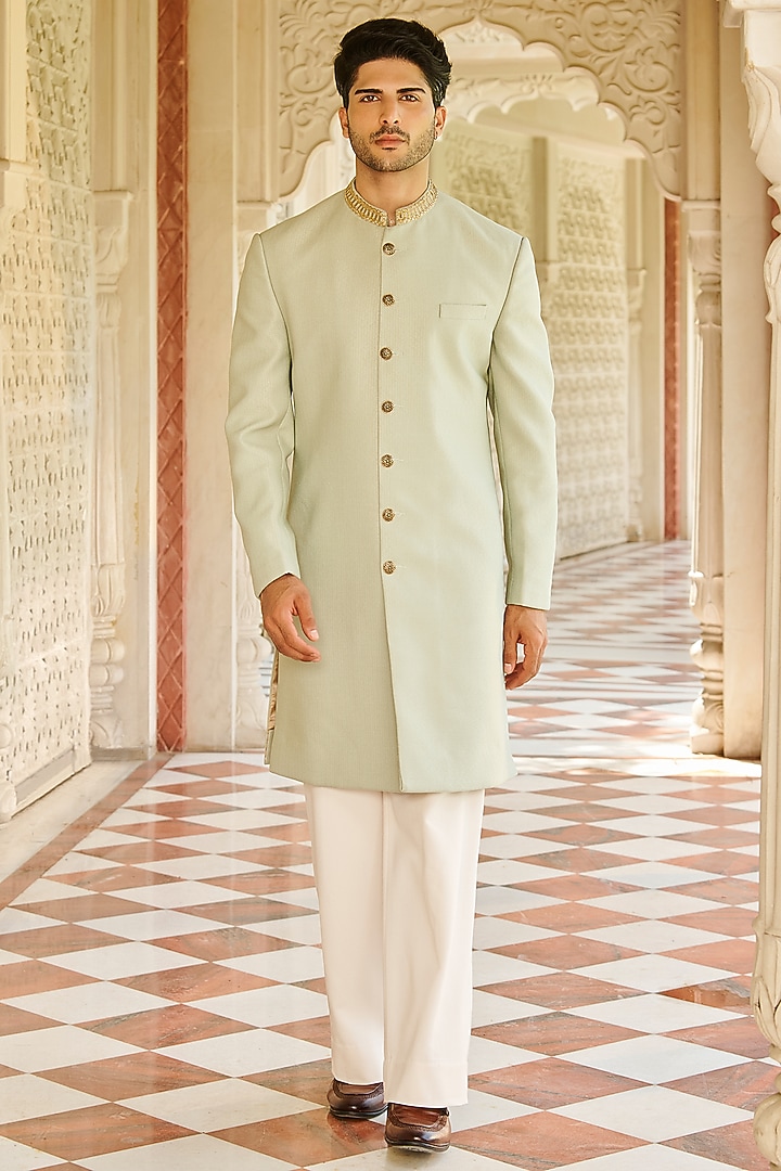 Pastel Green Jacquard Silk Hand Embroidered Sherwani Set by Contrast By Parth