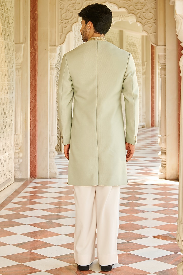 Pastel Green Jacquard Silk Hand Embroidered Wedding Sherwani Set by Contrast By Parth at Pernia's Pop Up Shop
