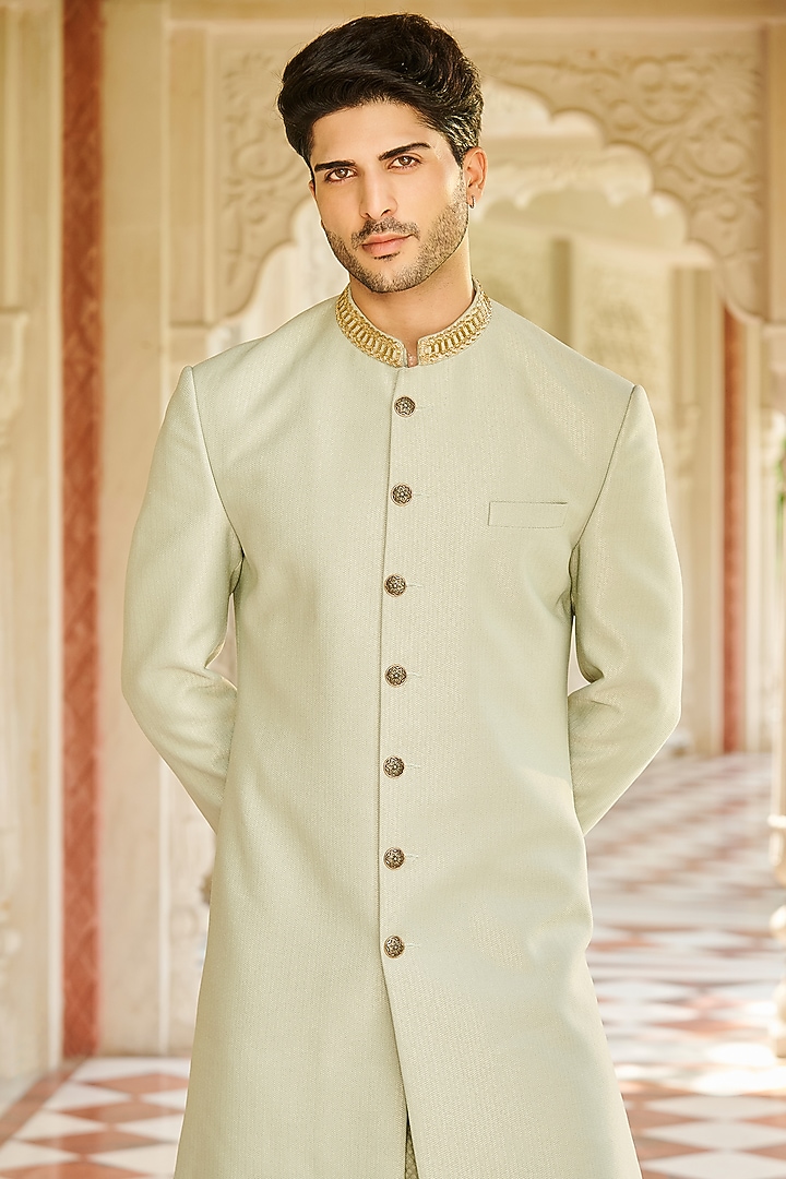 Pastel Green Jacquard Silk Hand Embroidered Wedding Sherwani Set by Contrast By Parth at Pernia's Pop Up Shop