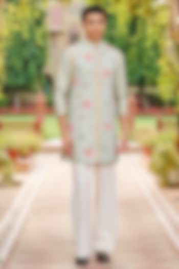 Pastel Green Jacquard Silk Handpainted & Hand Embroidered Jacket Set by Contrast By Parth