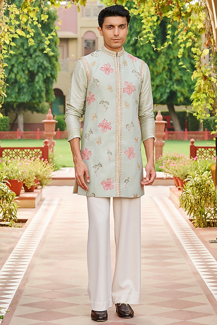 Pastel Green Jacquard Silk Handpainted & Hand Embroidered Jacket Set by Contrast By Parth