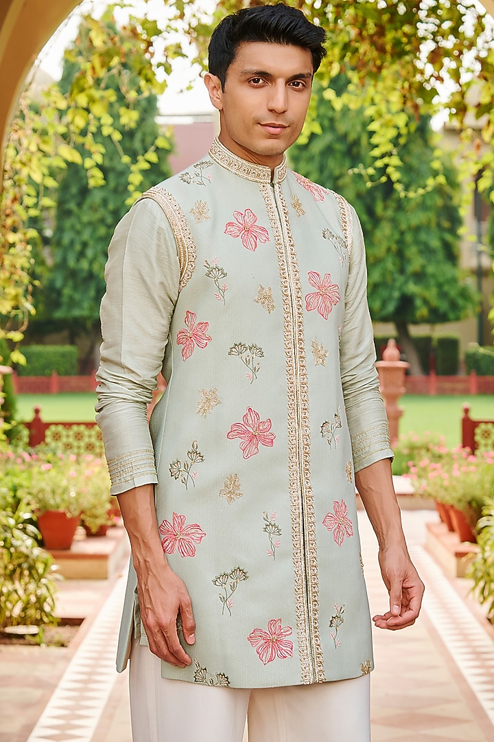 Pastel Green Jacquard Silk Handpainted & Hand Embroidered Jacket Set by Contrast By Parth at Pernia's Pop Up Shop