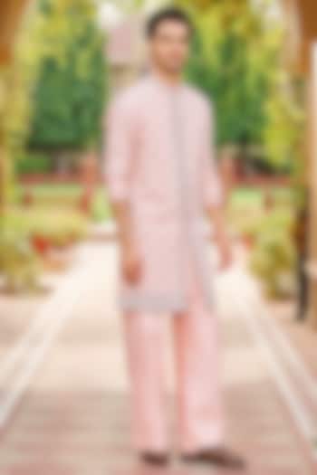 Light Pink Pure Bhagalpuri Silk Embroidered Jacket Set by Contrast By Parth