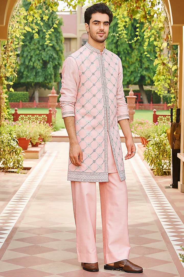 Light Pink Pure Bhagalpuri Silk Embroidered Jacket Set by Contrast By Parth