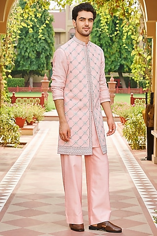 Light Pink Pure Bhagalpuri Silk Embroidered Jacket Set by Contrast By Parth