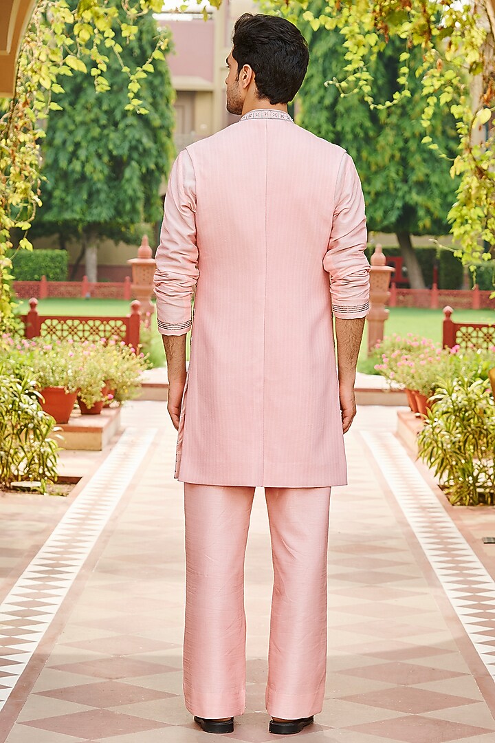 Light Pink Pure Bhagalpuri Silk Embroidered Jacket Set by Contrast By Parth at Pernia's Pop Up Shop