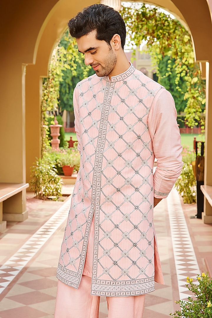 Light Pink Pure Bhagalpuri Silk Embroidered Jacket Set by Contrast By Parth at Pernia's Pop Up Shop