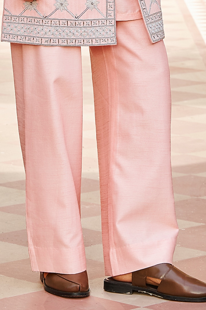 Light Pink Pure Bhagalpuri Silk Embroidered Jacket Set by Contrast By Parth at Pernia's Pop Up Shop