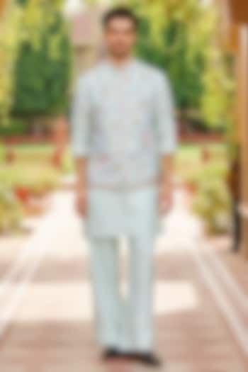 Powder Blue Pure Raw Silk Floral Embroidered Nehru Jacket Set by Contrast By Parth