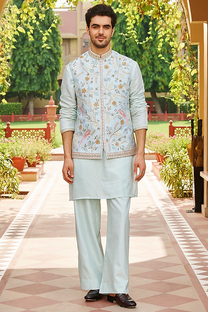 Powder Blue Pure Raw Silk Floral Embroidered Nehru Jacket Set by Contrast By Parth