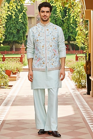 Powder Blue Pure Raw Silk Floral Embroidered Nehru Jacket Set by Contrast By Parth