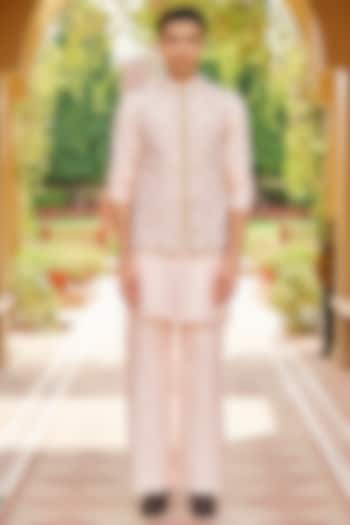 Nude Pink Pure Raw Silk Embroidered Nehru Jacket Set by Contrast By Parth