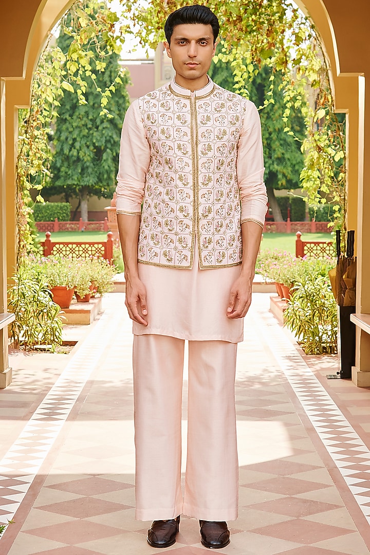 Nude Pink Pure Raw Silk Embroidered Nehru Jacket Set by Contrast By Parth