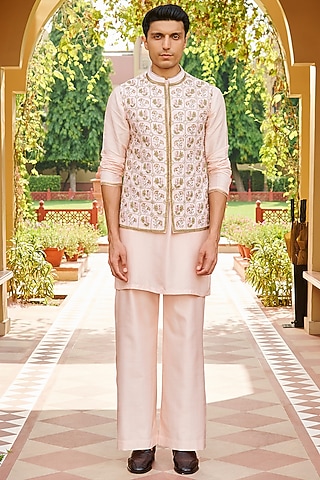 Nude Pink Pure Raw Silk Embroidered Nehru Jacket Set by Contrast By Parth
