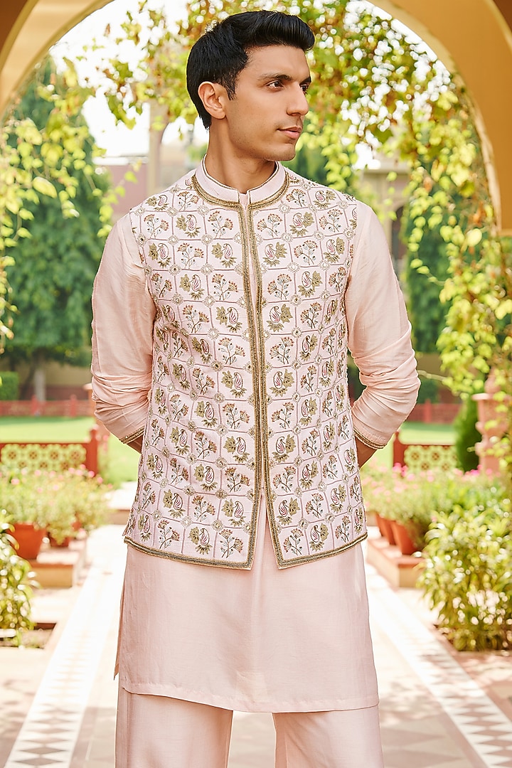 Nude Pink Pure Raw Silk Embroidered Nehru Jacket Set by Contrast By Parth at Pernia's Pop Up Shop