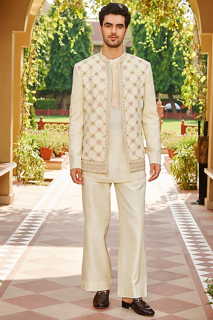 Beige Pure Bhagalpuri Silk Embroidered Open Jacket Set by Contrast By Parth