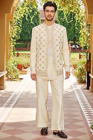 Beige Pure Bhagalpuri Silk Embroidered Open Jacket Set by Contrast By Parth