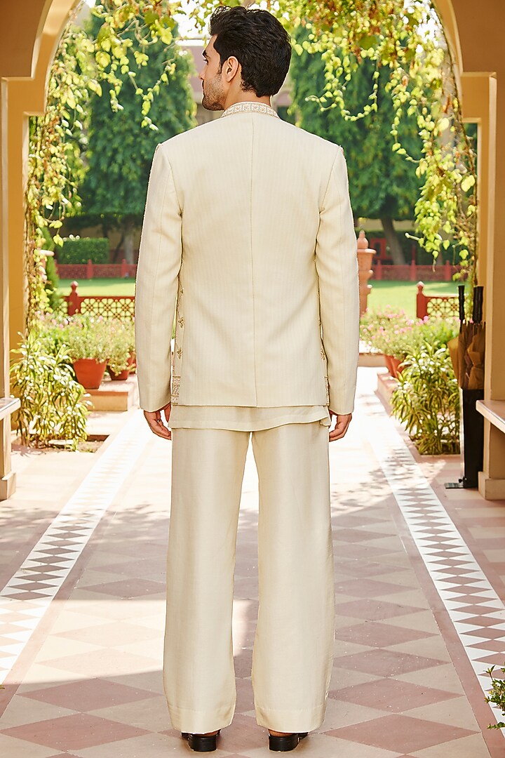 Beige Pure Bhagalpuri Silk Embroidered Open Jacket Set by Contrast By Parth at Pernia's Pop Up Shop