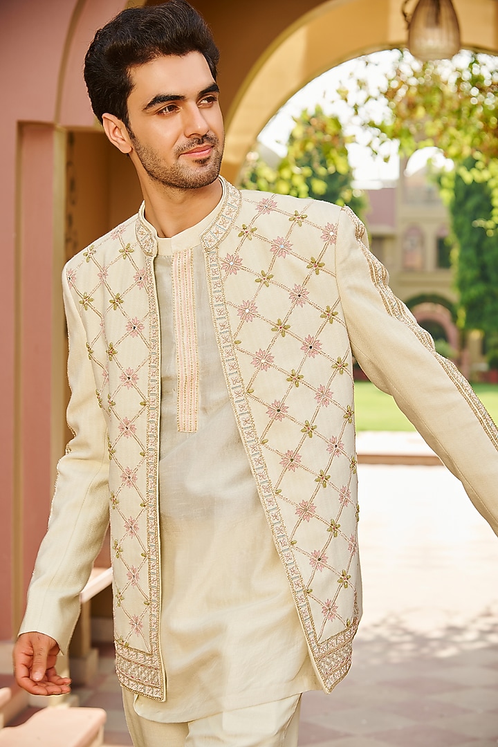 Beige Pure Bhagalpuri Silk Embroidered Open Jacket Set by Contrast By Parth at Pernia's Pop Up Shop