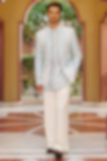 Powder Blue Pure Bhagalpuri Silk Embroidered Jacket Set by Contrast By Parth