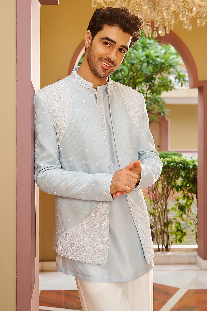 Powder Blue Pure Bhagalpuri Silk Embroidered Jacket Set by Contrast By Parth at Pernia's Pop Up Shop