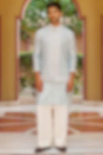 Powder Blue Pure Bhagalpuri Silk Embroidered Nehru Jacket Set by Contrast By Parth