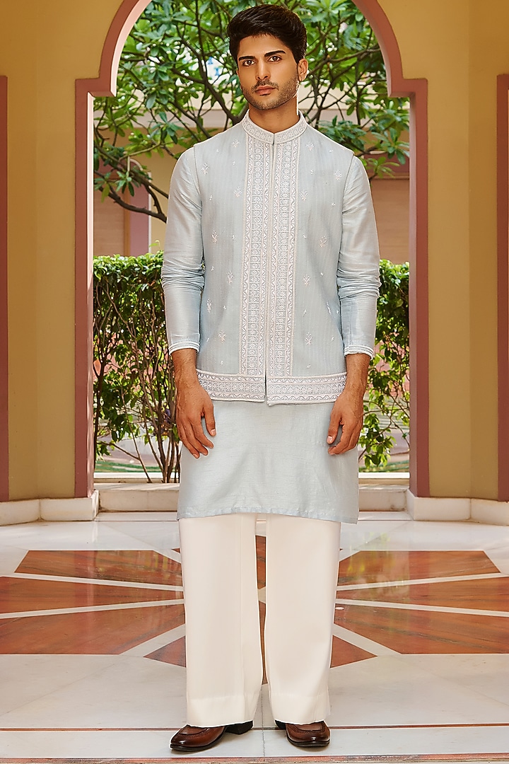 Powder Blue Pure Bhagalpuri Silk Embroidered Nehru Jacket Set by Contrast By Parth