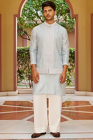 Powder Blue Pure Bhagalpuri Silk Embroidered Nehru Jacket Set by Contrast By Parth