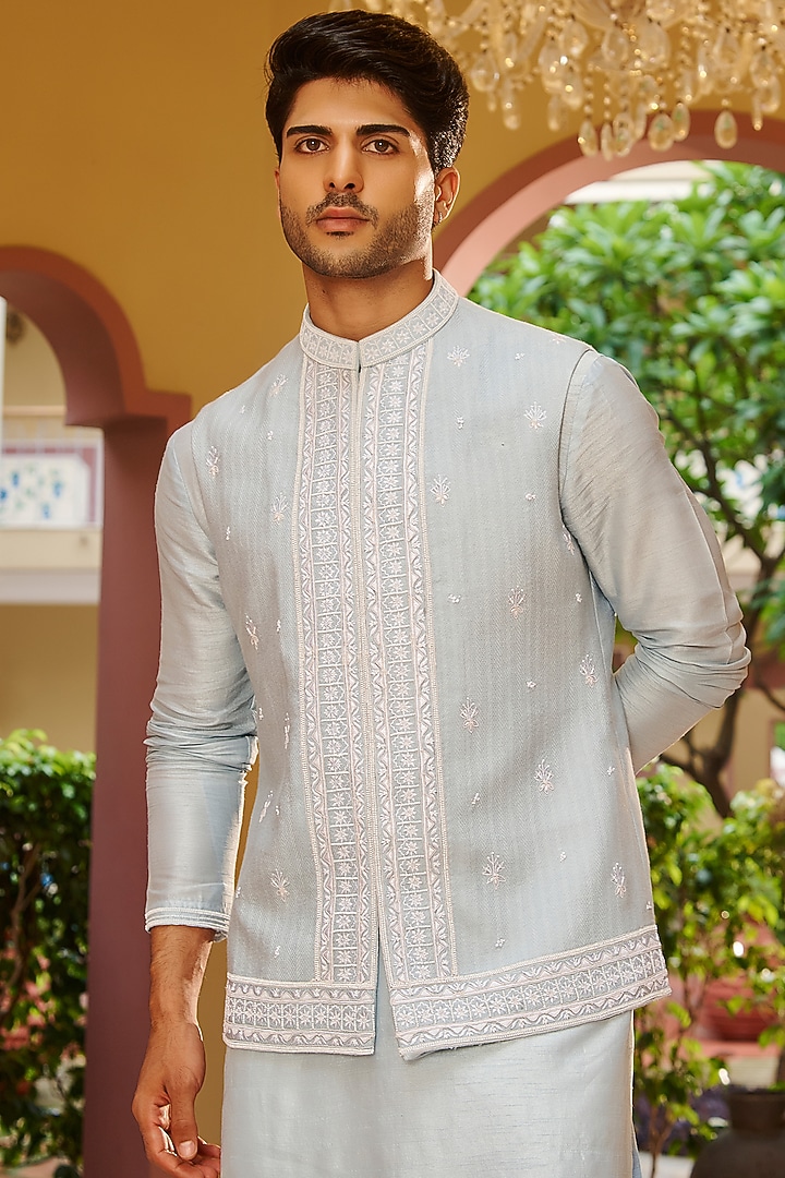 Powder Blue Pure Bhagalpuri Silk Embroidered Nehru Jacket Set by Contrast By Parth at Pernia's Pop Up Shop