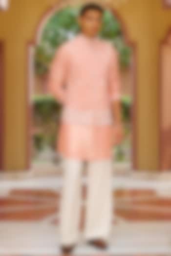 Pink Pure Silk Floral Embroidered Nehru Jacket Set by Contrast By Parth