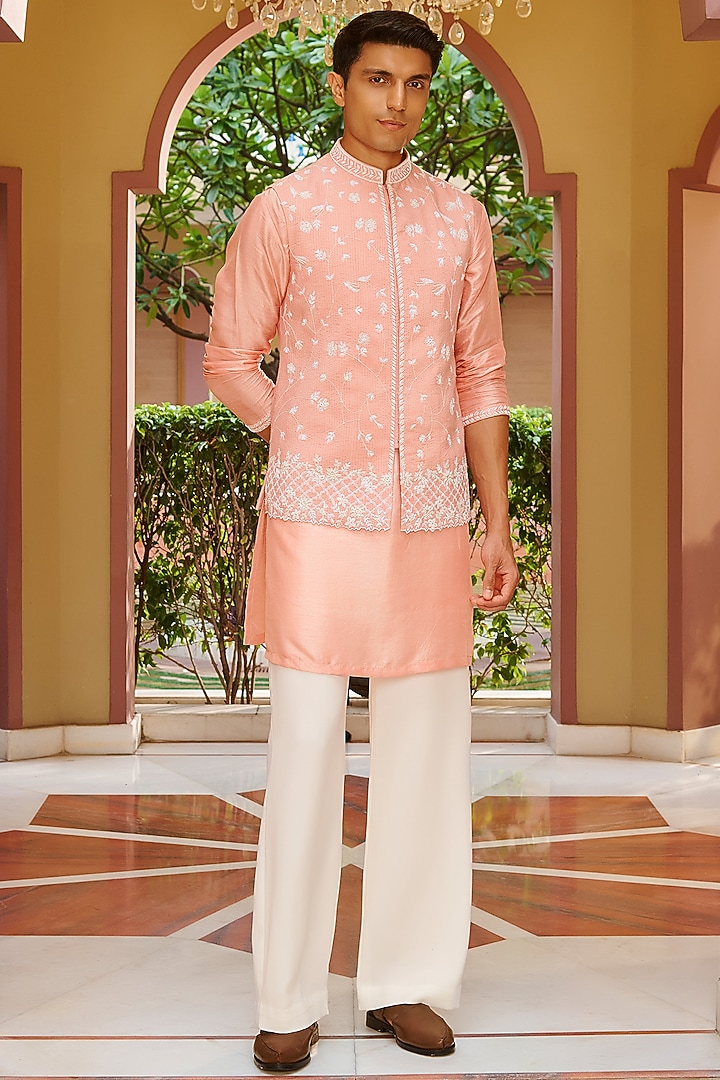 Pink Pure Silk Floral Embroidered Nehru Jacket Set by Contrast By Parth