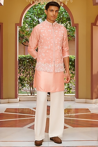 Pink Pure Silk Floral Embroidered Nehru Jacket Set by Contrast By Parth