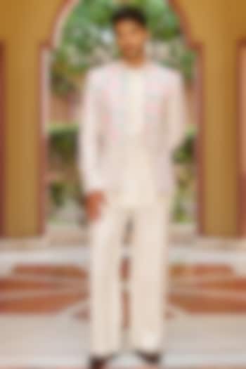 Off-White Pure Raw Silk Embroidered Jacket Set by Contrast By Parth
