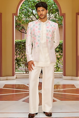 Off-White Pure Raw Silk Embroidered Jacket Set by Contrast By Parth