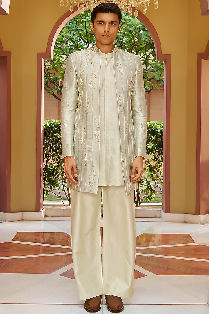 Sage Green Pure Raw Silk Embroidered Jacket Set by Contrast By Parth