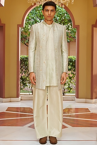 Sage Green Pure Raw Silk Embroidered Jacket Set by Contrast By Parth